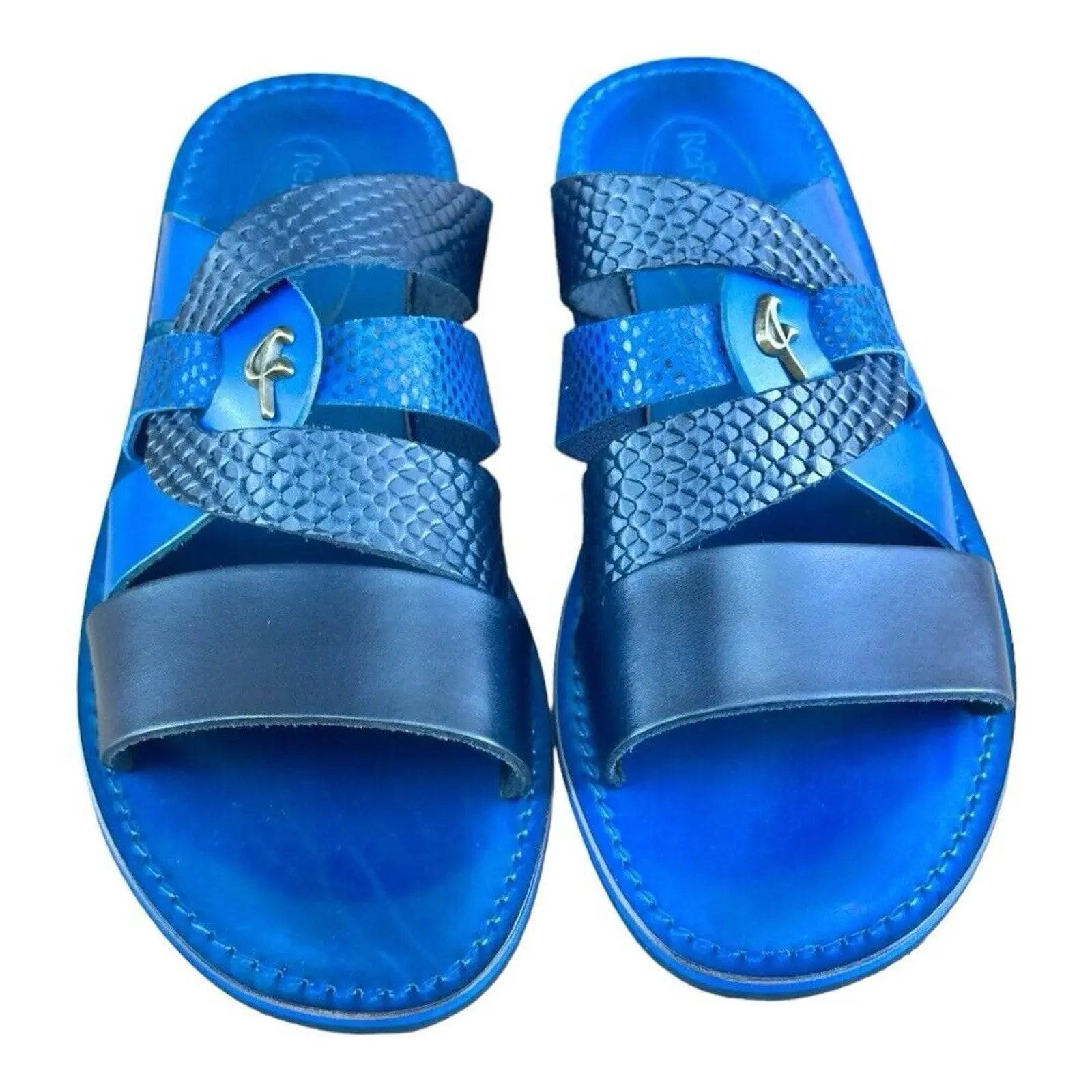 Re Ferdinando Vero Cuoio Blue Slides sandal - AZINIRe Ferdinando