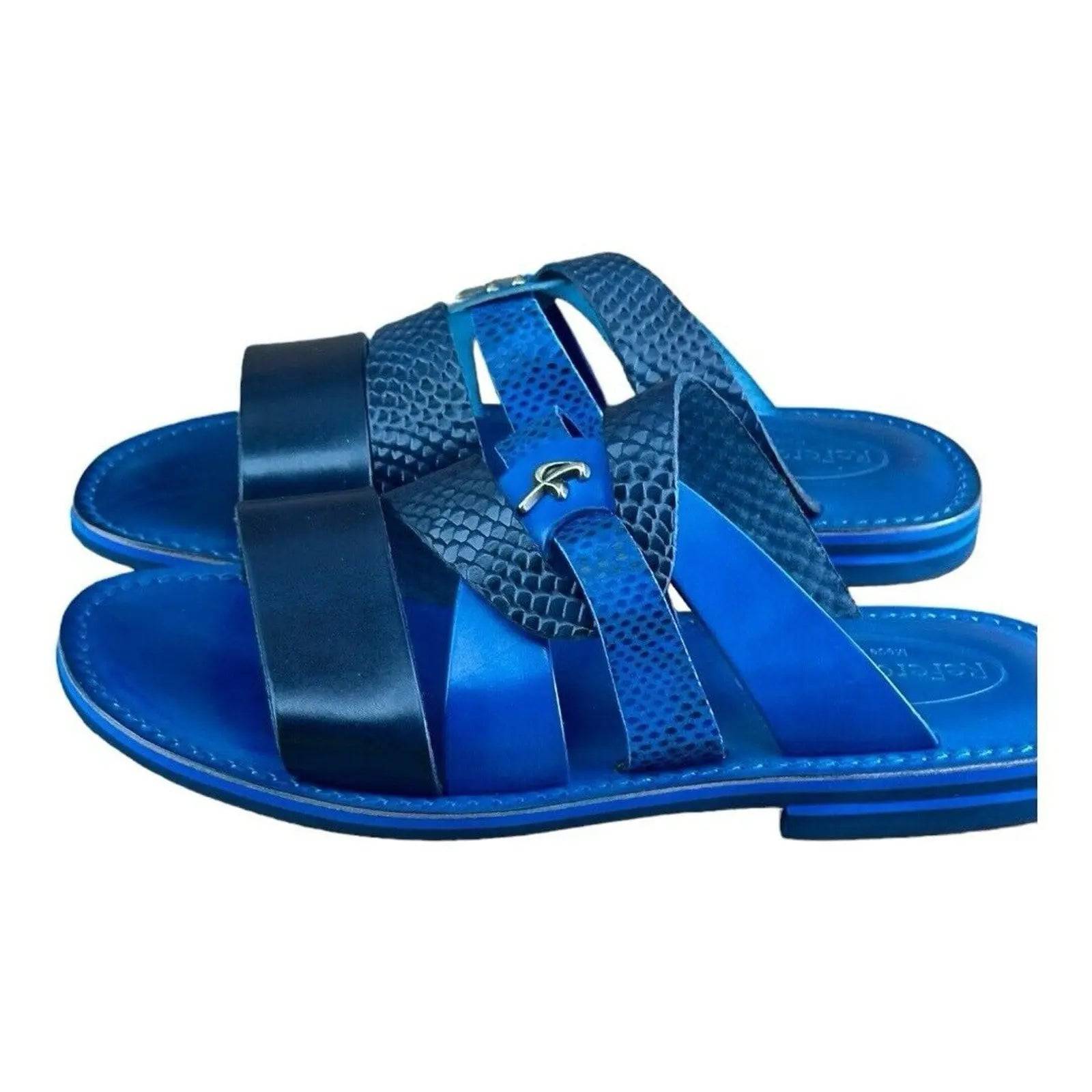 Re Ferdinando Vero Cuoio Blue Slides sandal - AZINIRe Ferdinando