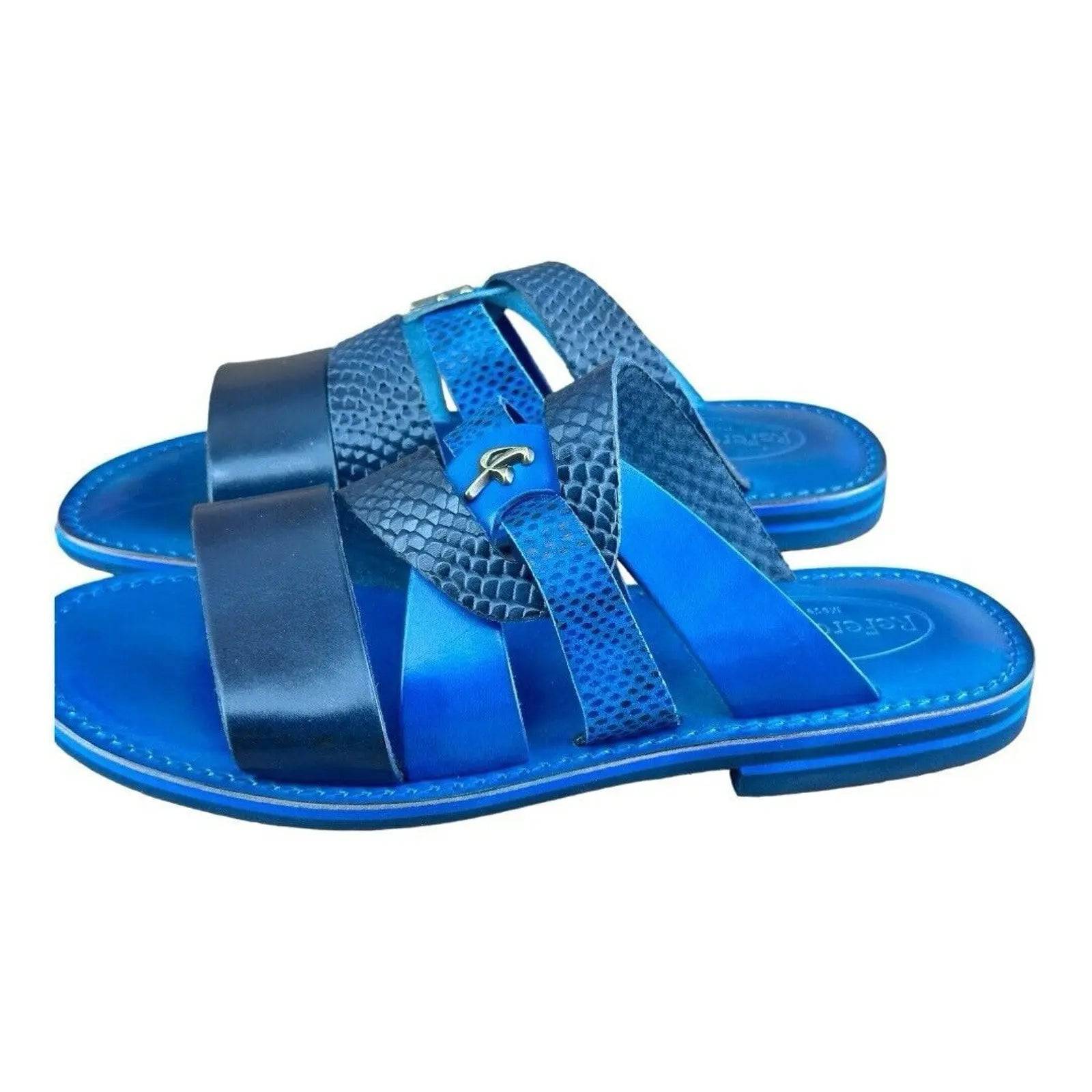 Re Ferdinando Vero Cuoio Blue Slides sandal - AZINIRe Ferdinando