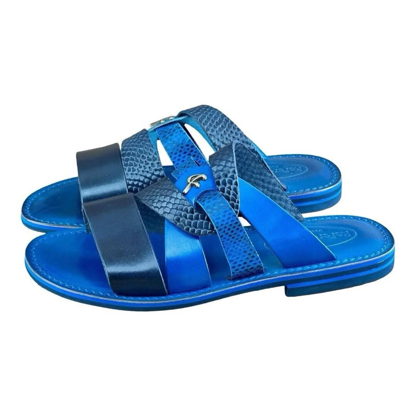 Re Ferdinando Vero Cuoio Blue Slides sandal - AZINIRe Ferdinando